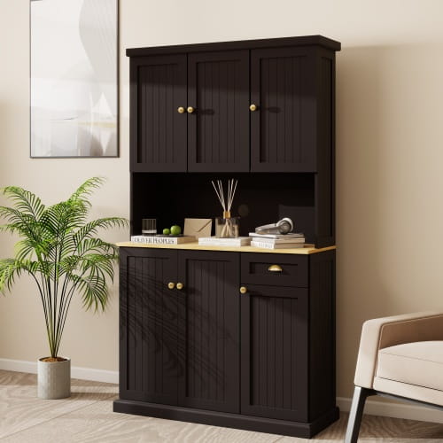 Kitchen Pantry Storage Cupboard With Microwave Countertop Freestanding Cabinet With Adjustable Shelves 6 Doors And 1