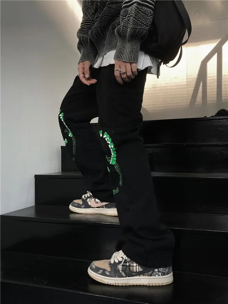 Men’s Straight Loose-Fitting Wide-Leg Letter Jeans