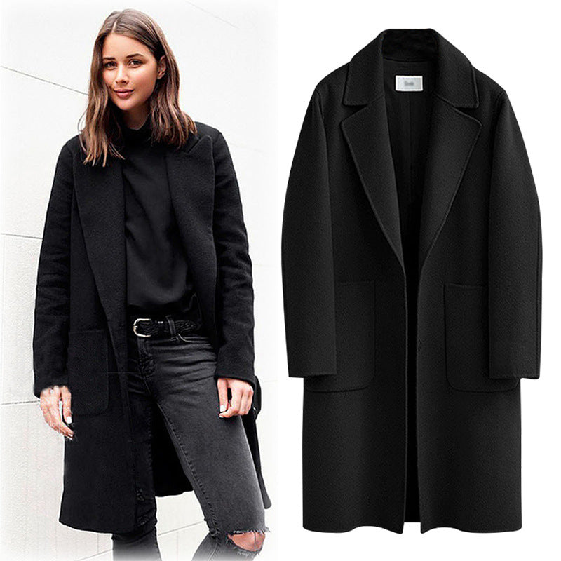 Woolen Mid-Length Women's Coat - Loose & Thick Design