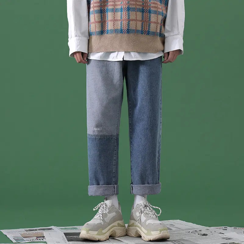 Men’s Loose BF Straight Wide Leg Stitching Jeans