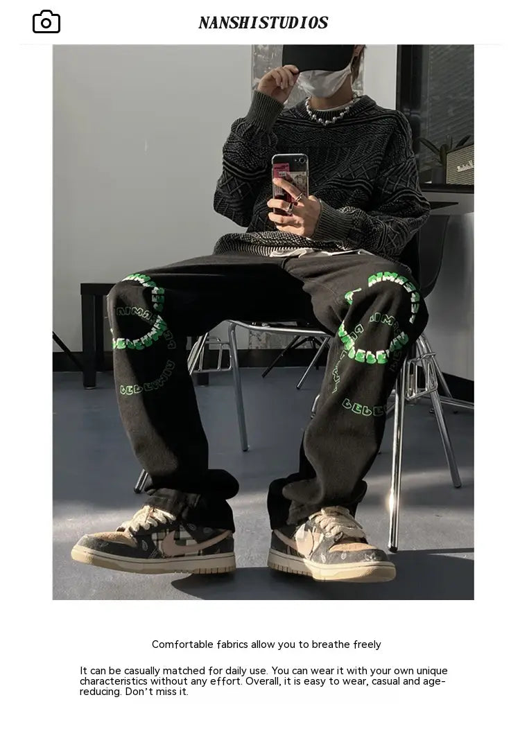 Men’s Straight Loose-Fitting Wide-Leg Letter Jeans