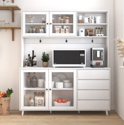 63W Large Kitchen Hutch Cabinet Freestanding Pantry Cabinets Storage Kitchen Cupboard With 4 Doors 4 Drawers &