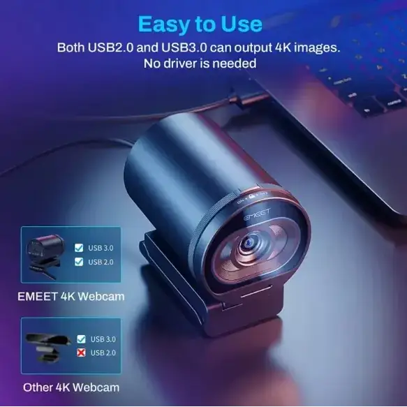 Black cylindrical emeet 4k webcam with a matte finish and silver accents around the lens.