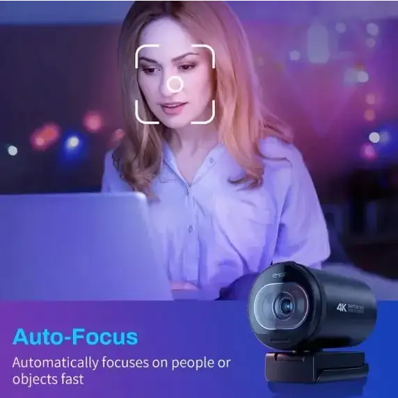 Black cylindrical webcam with 4k ultra hd label and auto-focus feature