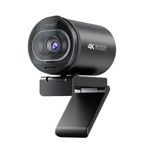 Black emerg 4k smartcam s90 webcam with a sleek cylindrical body and adjustable stand.