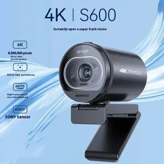 Black emgec s600 4k webcam with a sleek cylindrical body and adjustable stand.