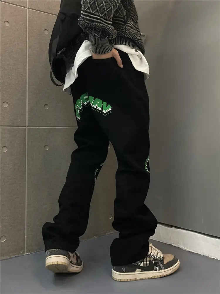 Men’s Straight Loose-Fitting Wide-Leg Letter Jeans