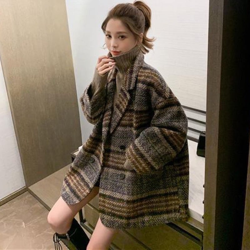 Thick Woolen Mid-Length Plaid Tweed Coat