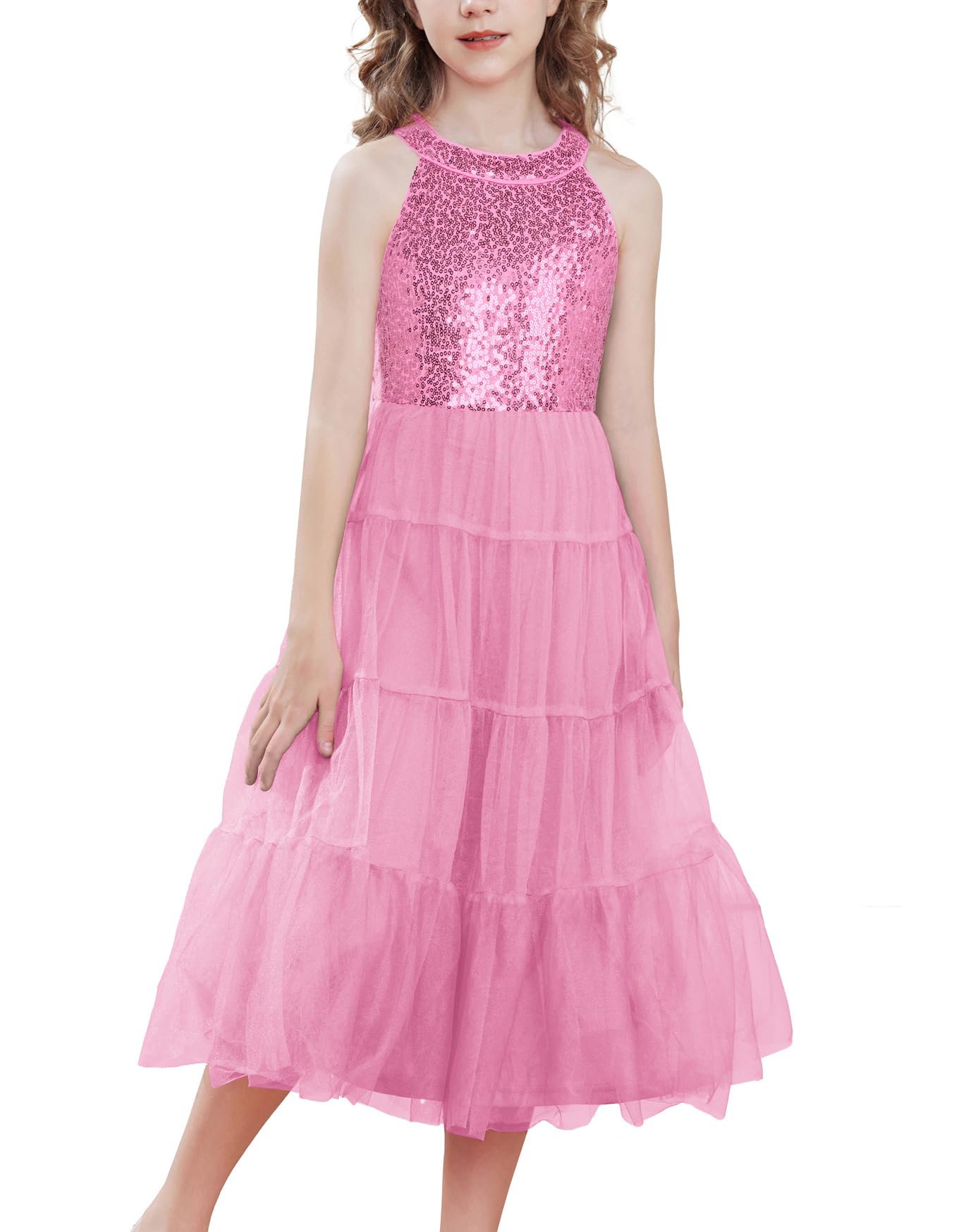 GRACE KARIN Formal Dresses for Girls Size 10-12 Pink Flower Girl Sequin Tulle Fancy Pageant Birthday Party Dress