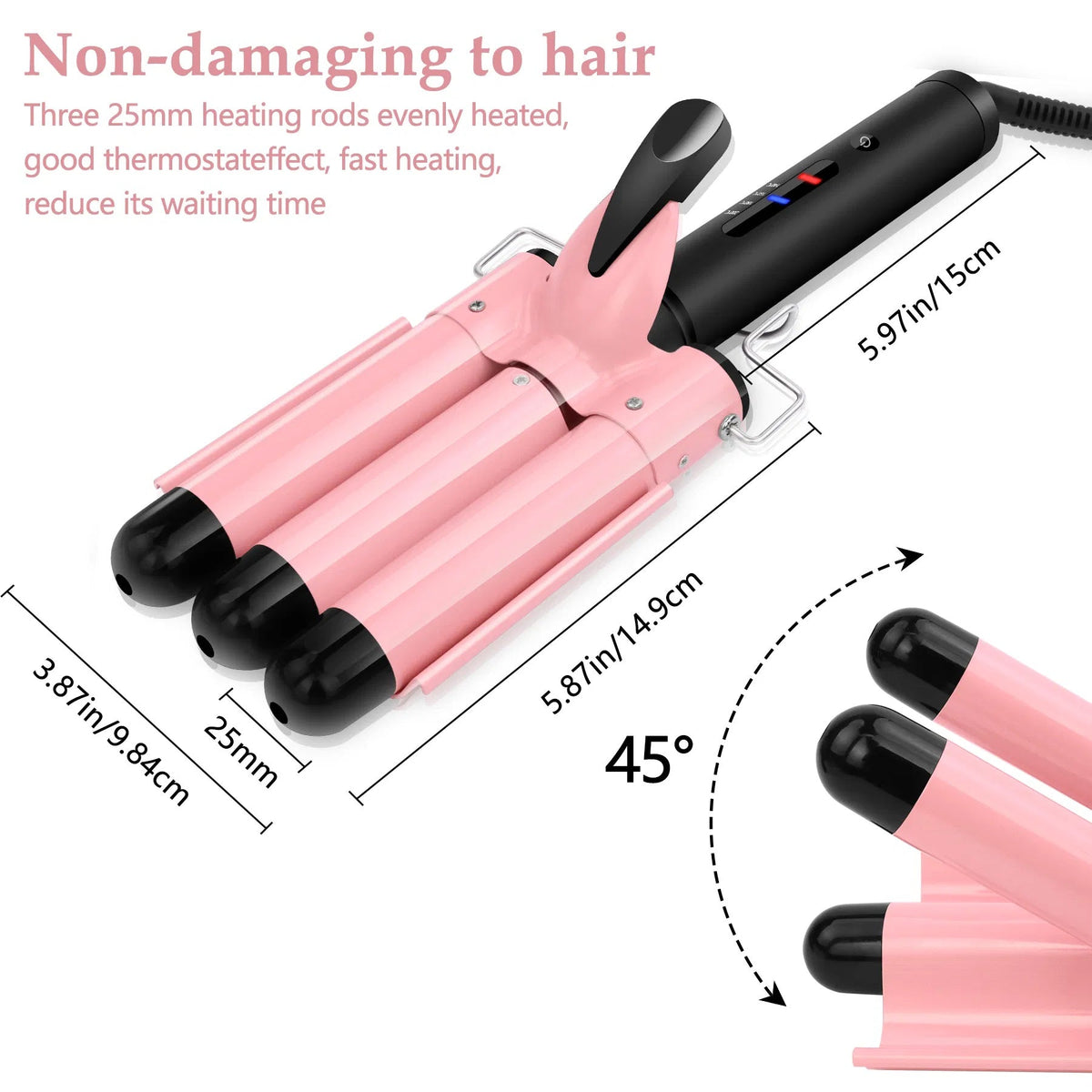 3 Barrel Curling Iron Hair Crimper, Dual Voltage Ceramic Tourmaline Three Barrels Hair Waver - 1-inch Curler Wand - Pink