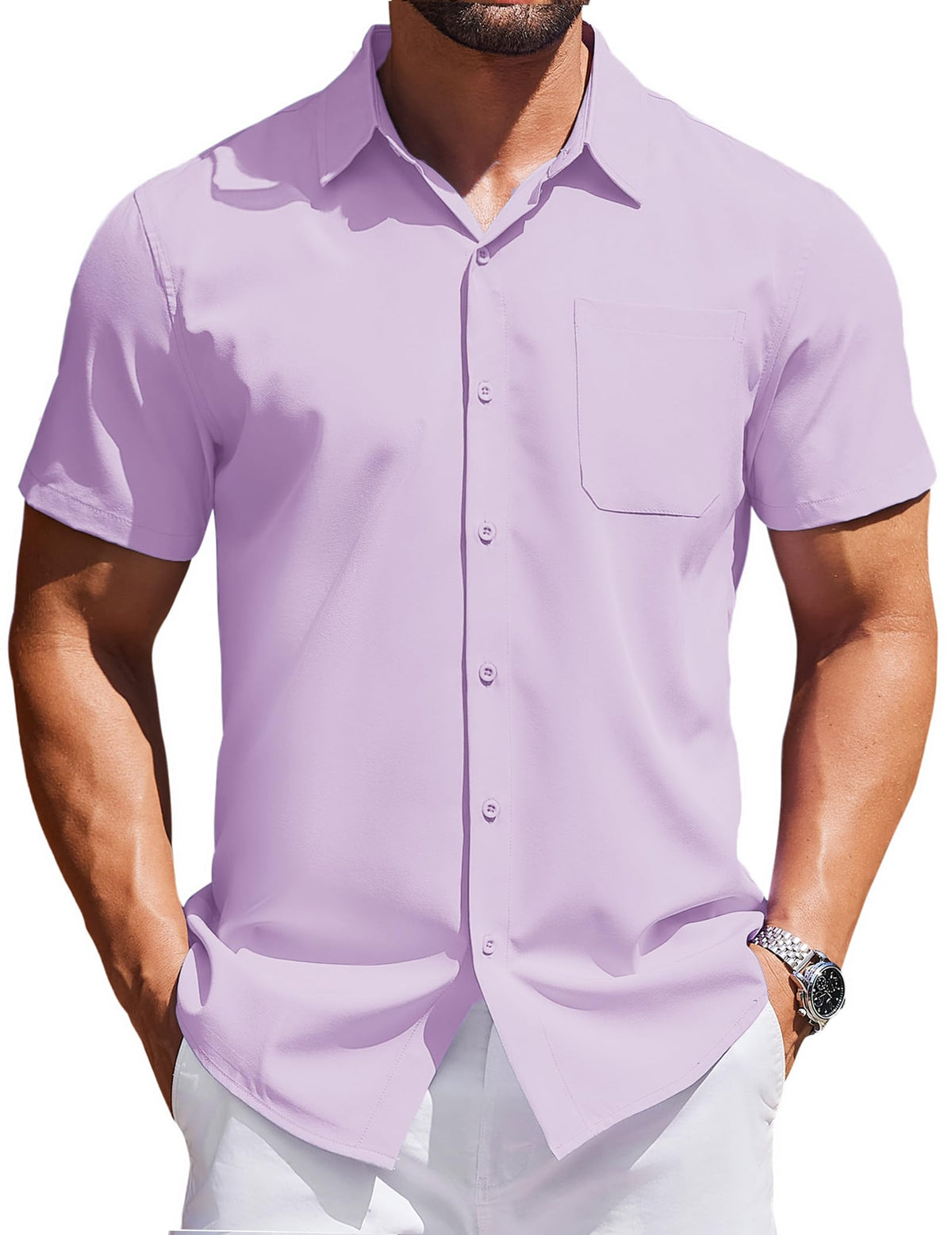 COOFANDY Mens Casual Short Sleeve Button Down Shirts Slim Fit Wrinkle Free Dress Shirt Purple