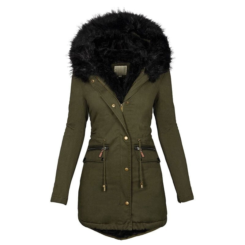 Women’s Hooded Mid-Length Warm Cotton Coat with Fur Collar