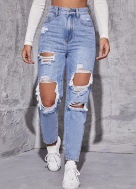 Wide Leg Distressed High Waist Women's Denim Jeans