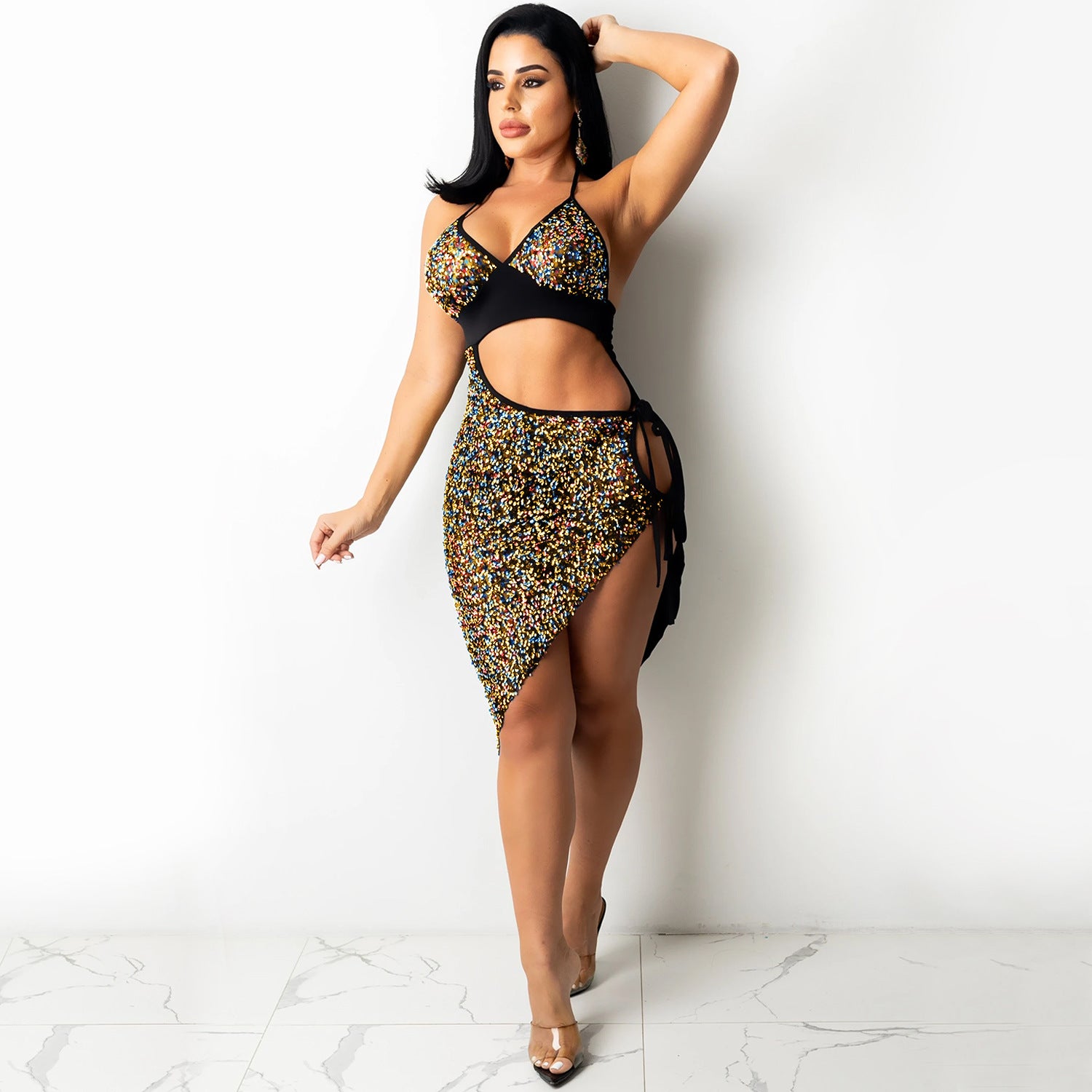 HTH Sequin Halter Lace-up Dress with Cut-out Slit