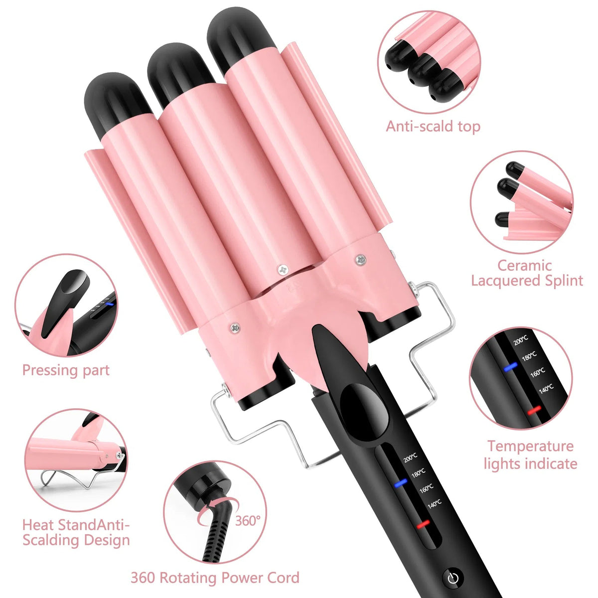 3 Barrel Curling Iron Hair Crimper, Dual Voltage Ceramic Tourmaline Three Barrels Hair Waver - 1-inch Curler Wand - Pink