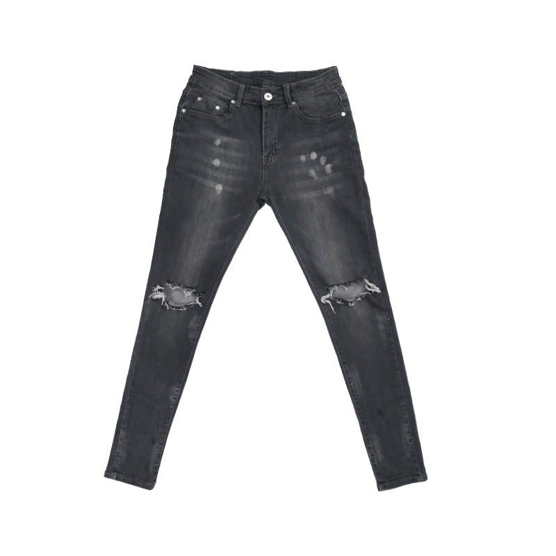 Distressed Gray Skinny Jeans with Paint Splatter Design