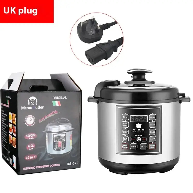 Stainless steel and black electric pressure cooker with digital control panel featuring multiple cooking functions.