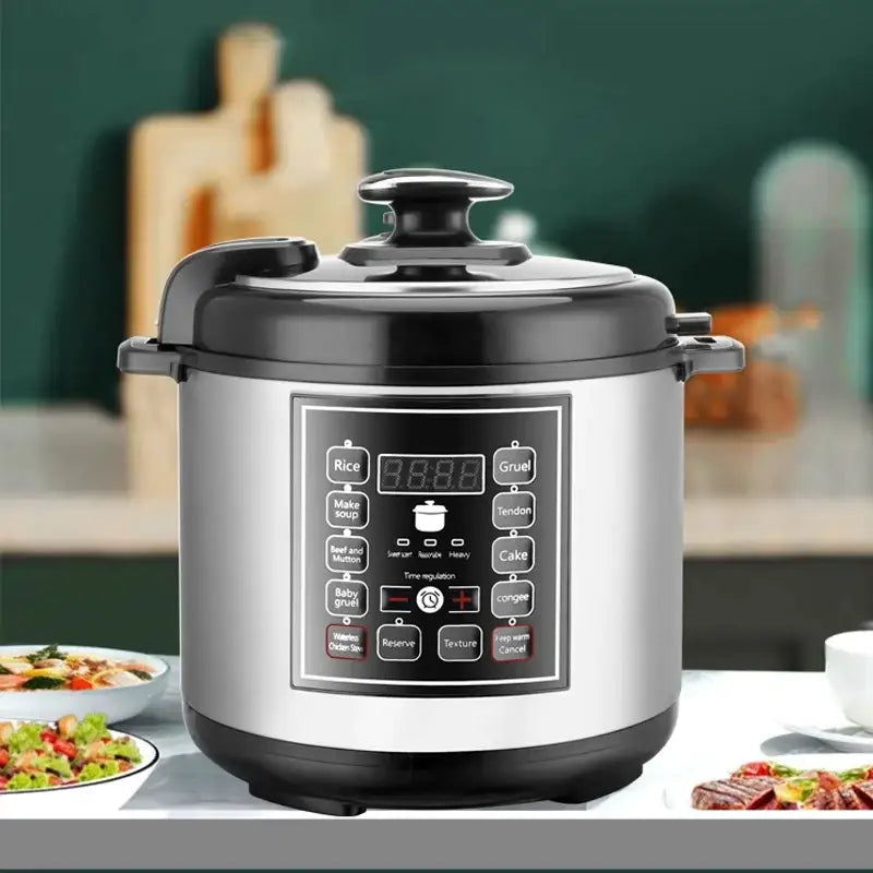 Stainless steel and black pressure cooker with digital control panel featuring multiple cooking function buttons.