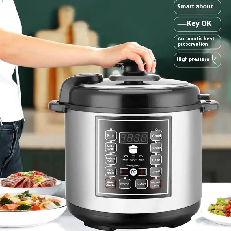 Black and stainless steel electric pressure cooker with a digital control panel featuring multiple cooking function buttons.