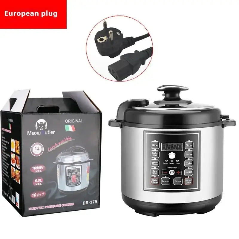 Stainless steel and black electric pressure cooker with digital control panel featuring multiple cooking functions.