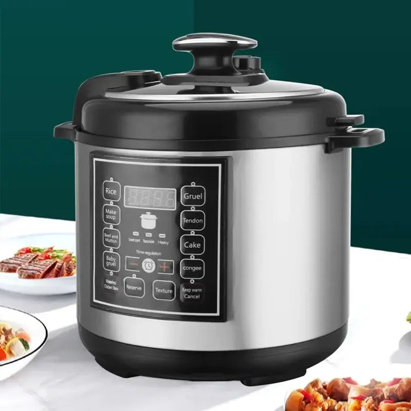 Stainless steel and black pressure cooker with digital control panel featuring multiple cooking function buttons.