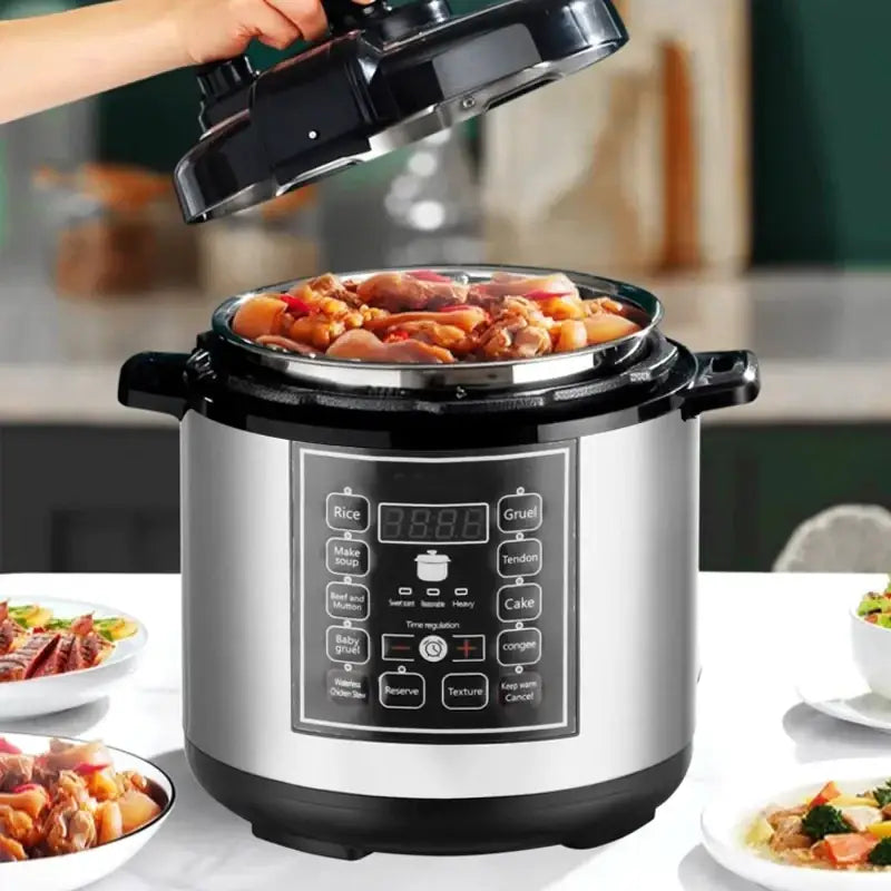 Stainless steel and black pressure cooker with digital control panel displaying various cooking functions.
