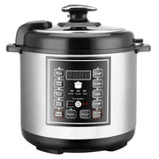 Stainless steel multi-cooker with black lid and base, featuring a digital control panel with preset cooking functions.