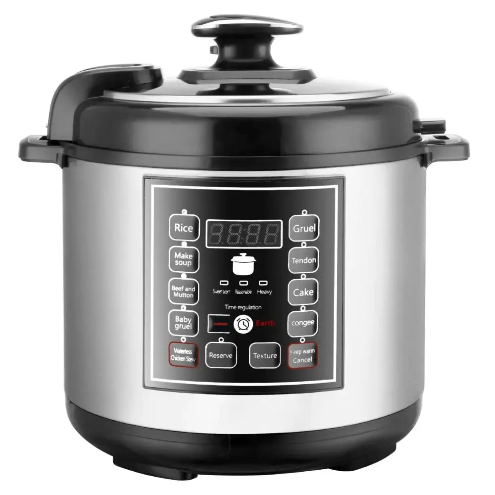 Stainless steel multi-cooker with black lid and base, featuring a digital control panel with preset cooking functions.