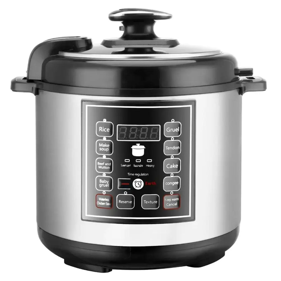 Stainless steel multi-cooker with black lid and base, featuring a digital control panel with preset cooking functions.
