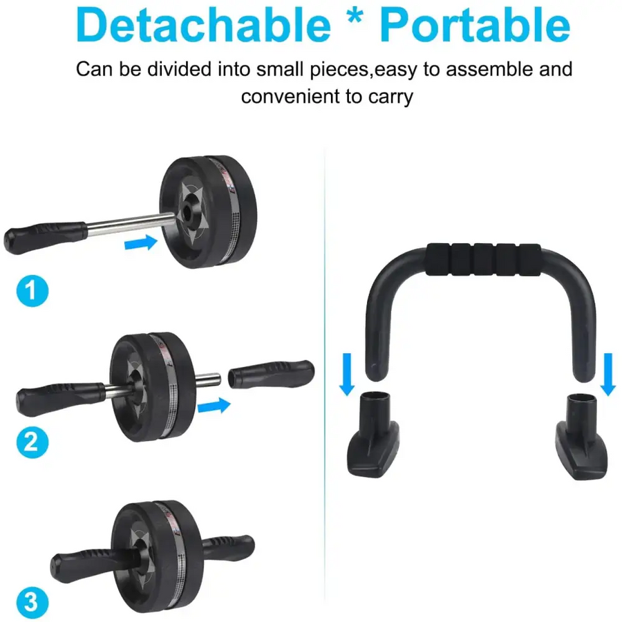 Black portable ab roller with detachable handle and grip, designed for easy assembly and travel.