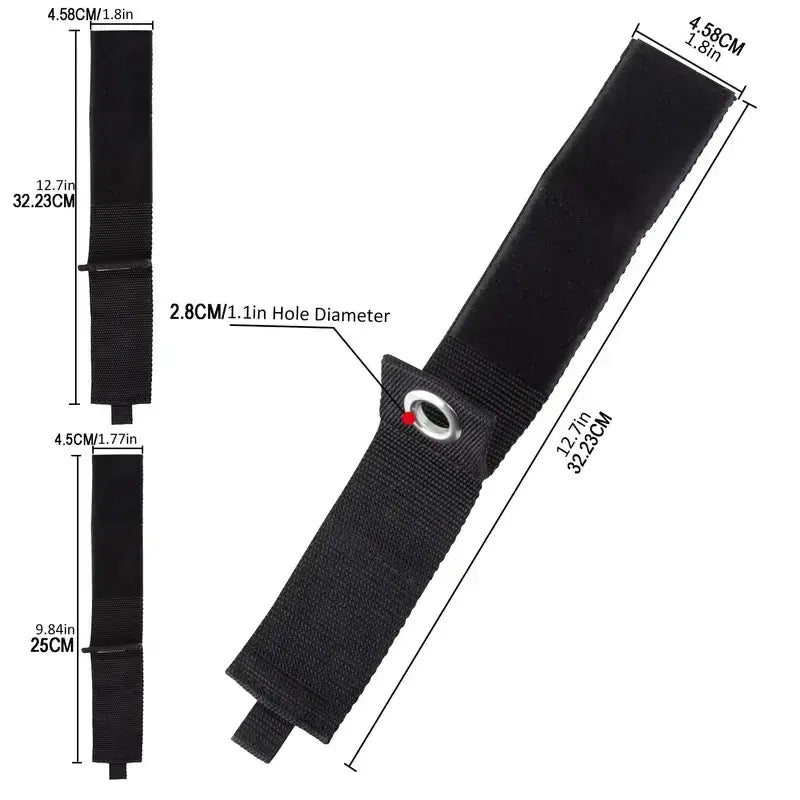 Black nylon strap with a metal grommet and adjustable buckle.
