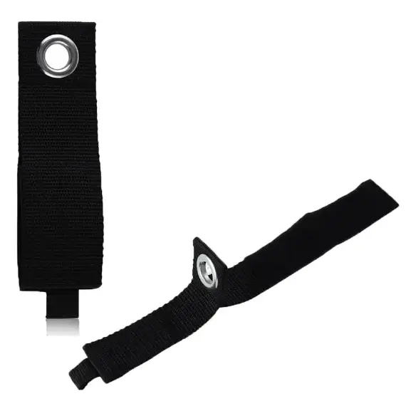 Black webbing strap with silver metal grommet and hook-and-loop fastener end.