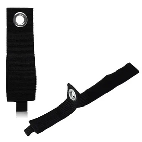 Black webbing strap with silver metal grommet and hook-and-loop fastener end.