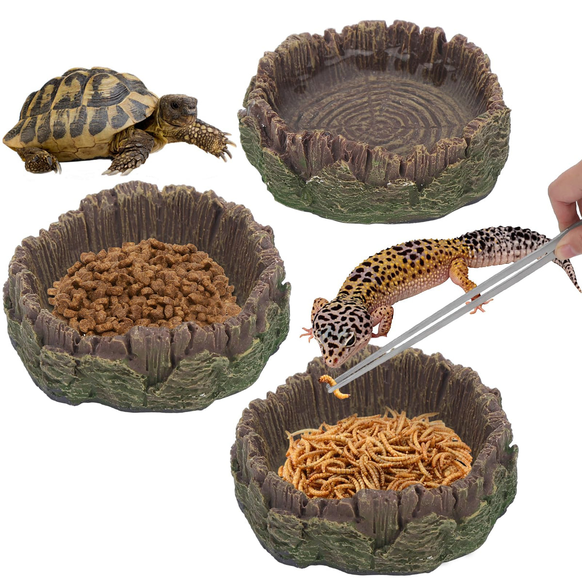 4 Pack Reptile Feeding Dish Reptile Food Water Bowl with Reptile Feeding Tongs Reptile Plate Dish for Feeding Tortoise Dragon Leopard Gecko Lizard Brown