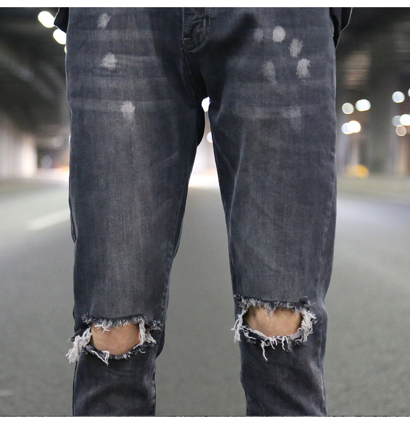 Distressed Gray Skinny Jeans with Paint Splatter Design