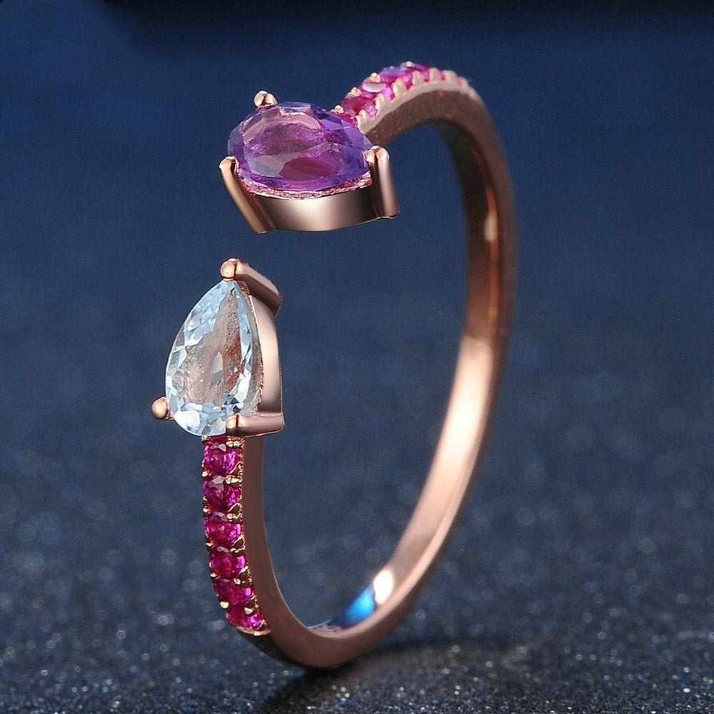 Rose Gold Ring with Amethyst and Silver Gemstone Jewelry