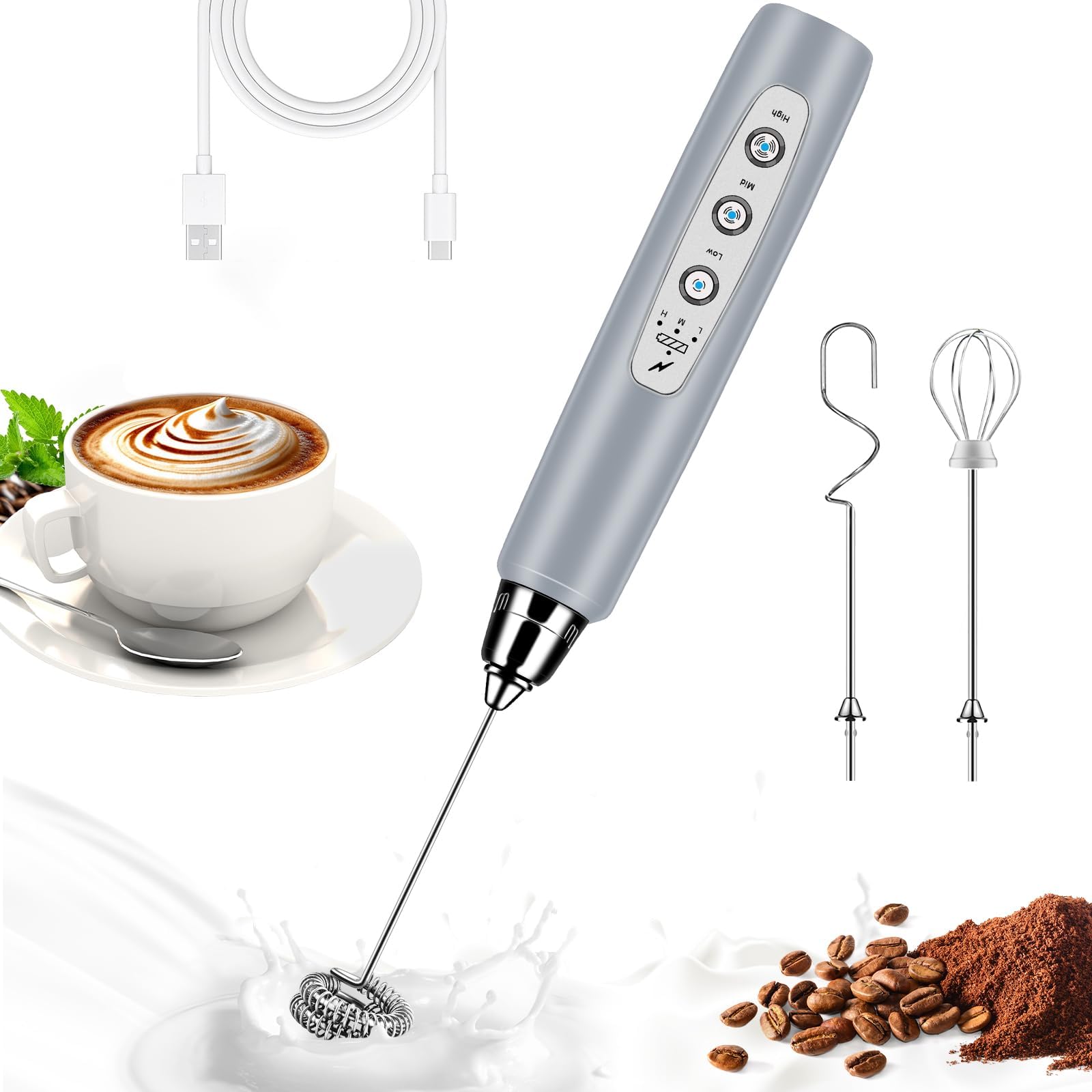 BSRGMS Milk Frother Handheld for Coffee Electric Whisk 3 Speed Adjustable Drink Mixer with Stainless 3 Whisks Rechargeable Hand Frother Wand Foam Maker for Latte Cappuccino Hot Chocolate Egg