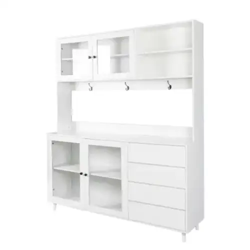 White ikea kallax storage unit with glass-fronted cabinets and drawers.