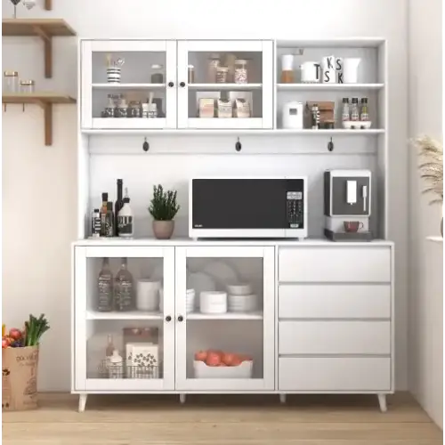 White kitchen cabinet with glass doors and drawers, featuring a microwave and coffee machine on top