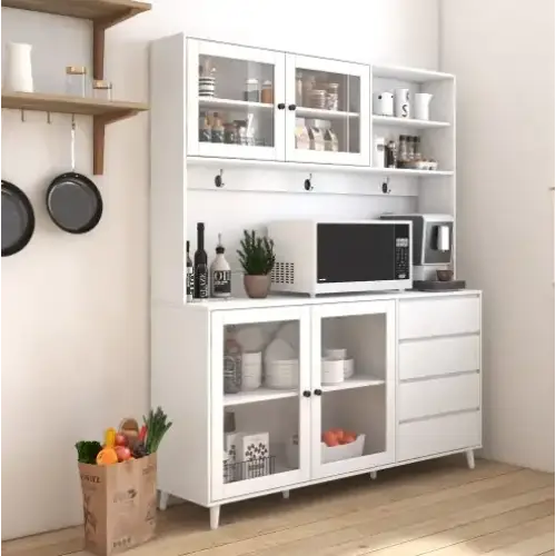 White kitchen cabinet with glass doors and black handles, featuring open shelving above for storage and a microwave on top