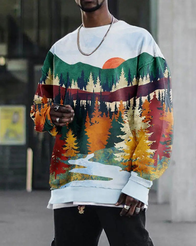 Men’s Digital Printing Loose Casual Round Neck T-Shirt