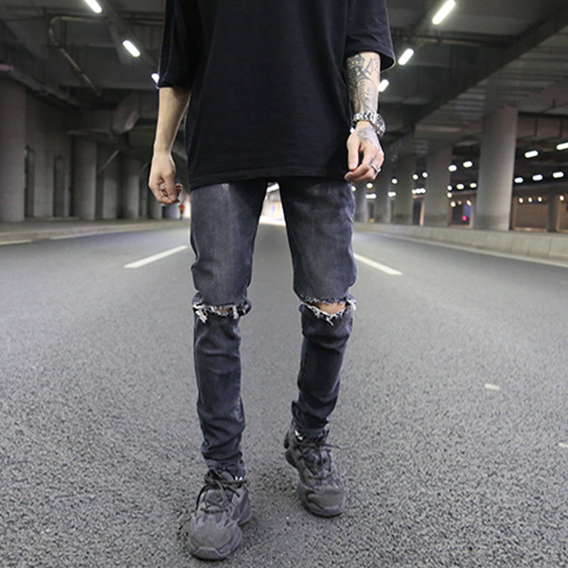 Distressed Gray Skinny Jeans with Paint Splatter Design