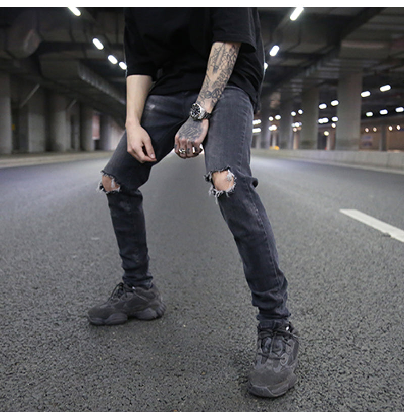 Distressed Gray Skinny Jeans with Paint Splatter Design