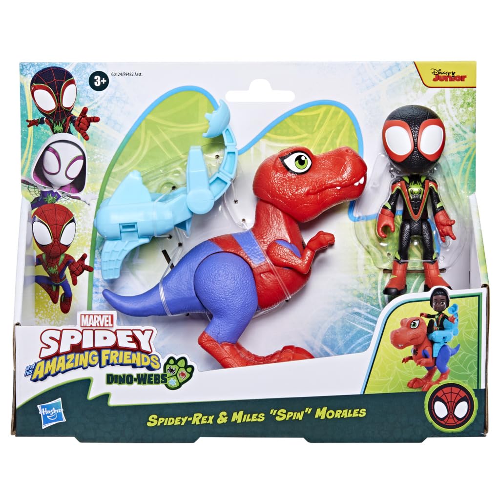 Marvel Spidey and His Amazing Friends Dino-Webs Spidey-Rex & Miles “Spin” Morales 4-inch-Scale (10cm) Spider-Man Action Figure Set Toys for Kids