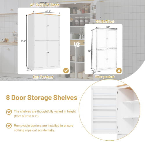 40.2x20x71.3 Inches Tall Freestanding Kitchen Pantry Large Cabinet Storage Cabinet Unavailable Platforms- Welfel