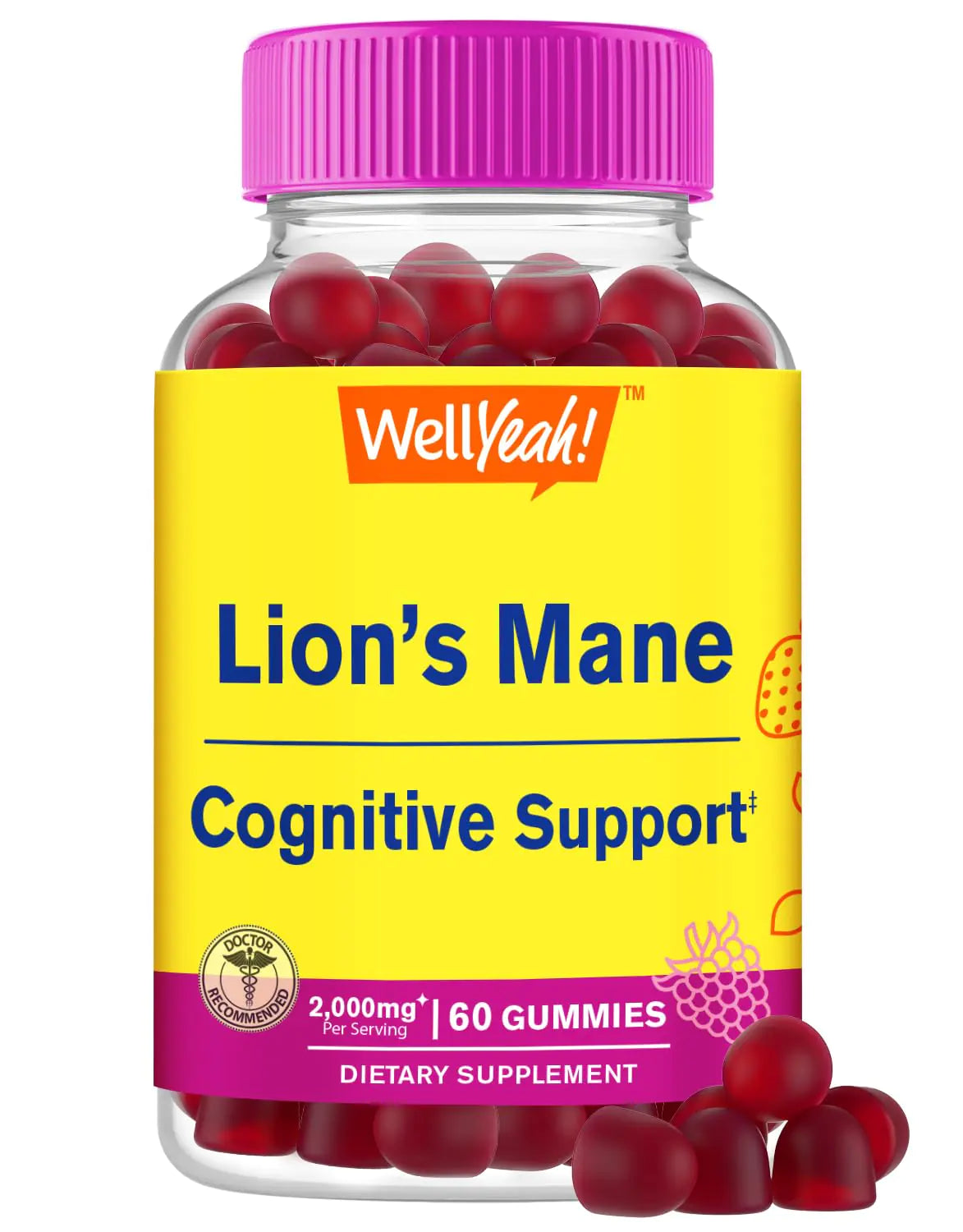 WellYeah Lions Mane Gummies for Adults (2000mg) | Lions Mane Supplement Memory and Focuse Support | Gluten Free Non GMO | Berry Flavor | Lions Mane Gummies 60 Count