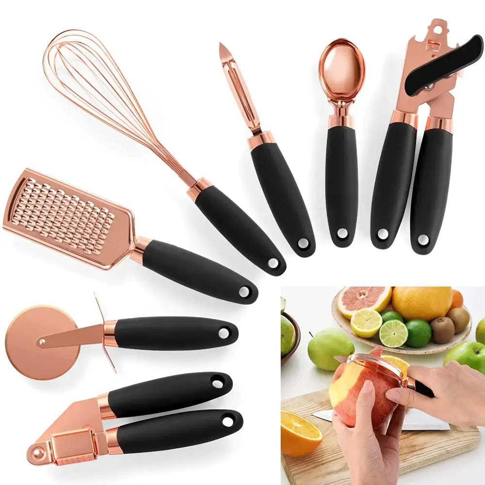 Rose gold and black kitchen tool set featuring a whisk, grater, peeler, spoon, can opener, pizza cutter, and garlic press.