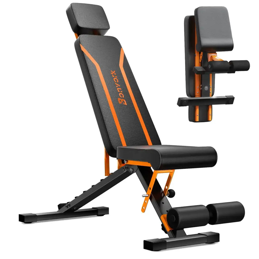 Black and orange adjustable weight bench with padded upholstery and a foldable design.