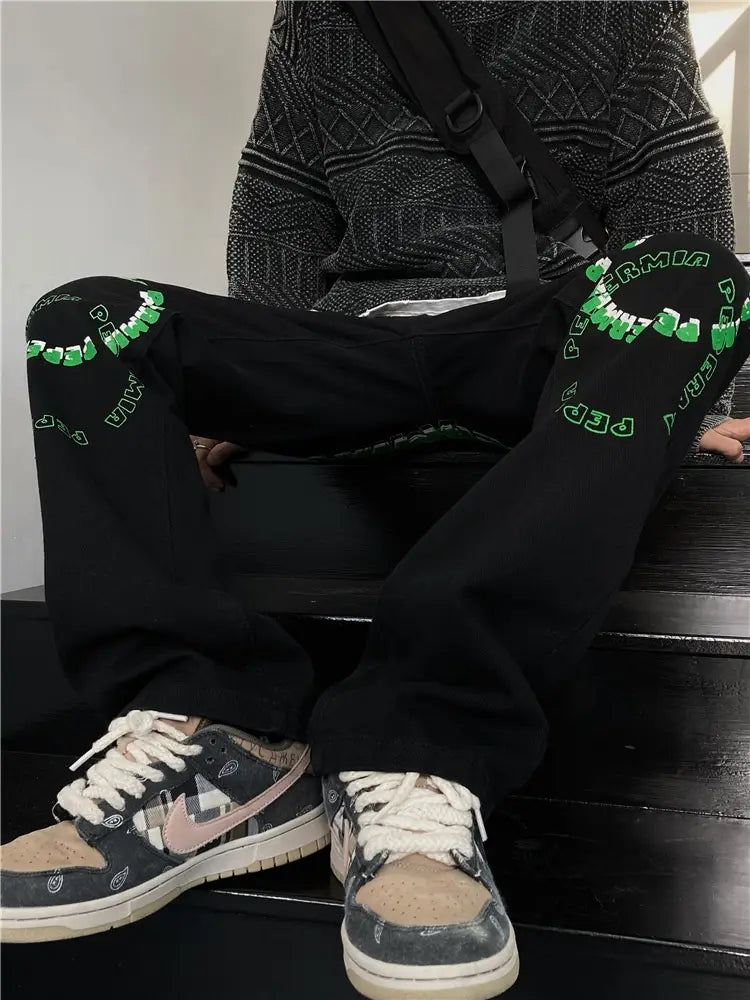 Men’s Straight Loose-Fitting Wide-Leg Letter Jeans