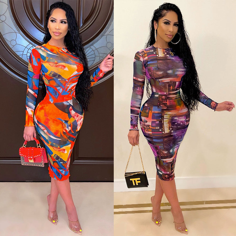 Women's Fashion Long-Sleeved Mesh Dress